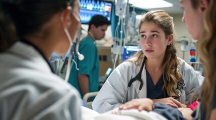 Obraz premium A compassionate medic comforting a young patient while a team of interns observes the empathetic bedside manner. The scene captures the human side of medicine and the importance of