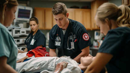 A dynamic shot of a medic conducting a medical simulation exercise with interns, creating a lifelike scenario to enhance their practical skills and decision-making abilities.