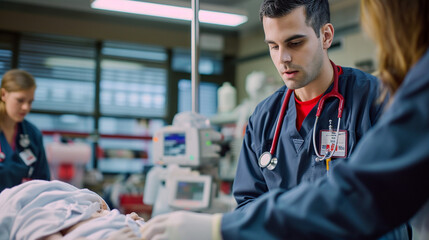 Obraz premium A dynamic shot of a medic conducting a medical simulation exercise with interns, creating a lifelike scenario to enhance their practical skills and decision-making abilities.