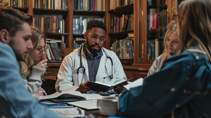 A medic leading a medical research discussion with a group of interns, surrounded by journals and scientific literature. The intellectual pursuit of medical knowledge is visually c
