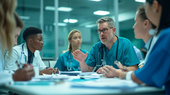 A medic leading a medical research discussion with a group of interns, surrounded by journals and scientific literature. The intellectual pursuit of medical knowledge is visually c