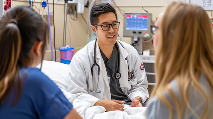 Obraz premium A doctor mentoring interns during a bedside teaching session, emphasizing the importance of clinical skills and patient interactions. The hands-on learning experience is visually s