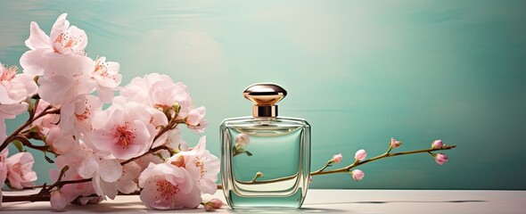 A modern and stylish arrangement showcasing a bottle of luxury perfume on a table, accompanied by luscious peaches. - obrazy, fototapety, plakaty