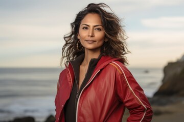 Portrait of a tender indian woman in her 40s sporting a stylish varsity jacket against a tranquil ocean backdrop. AI Generation