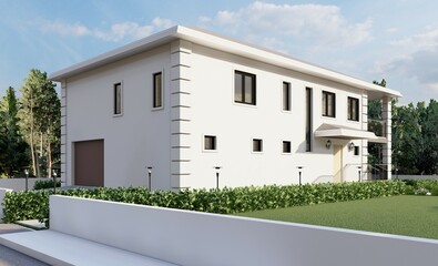 White walls villa with garden, garden furniture garage and big terrace. 3d renders.