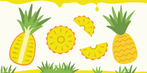 Pineapple flat design vector illustration.Composition of a whole pineapple and its parts in a simple minimalist style.