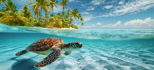 Schilderijen op glas sea turtle swimming in the sea - a turtle swimming and swimming under the ocean, in the style of tropical © Lisanne