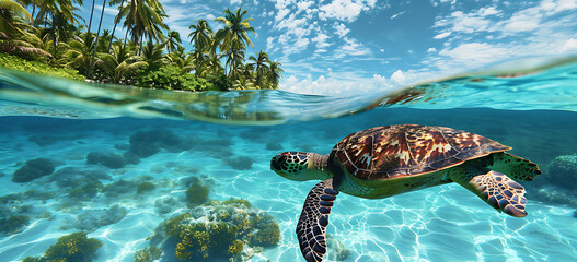 sea turtle swimming in the sea - a turtle swimming and swimming under the ocean, in the style of tropical - obrazy, fototapety, plakaty