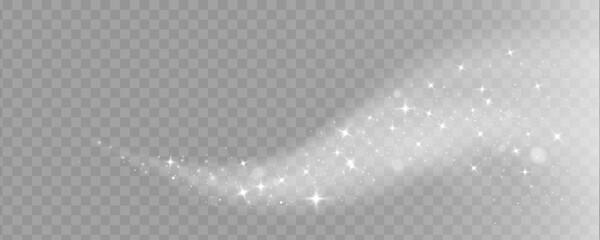 Overlay magic effect glowing traces of sparkle dust star waves. Stardust white sparks from an explosion on transparent background. Magic burst of energy rays. Banner for design. Vector illustration.