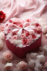 Thoughtful Valentine's Gift Box: Red Box with Pink Paper Flowers - Valentine's Day Concept