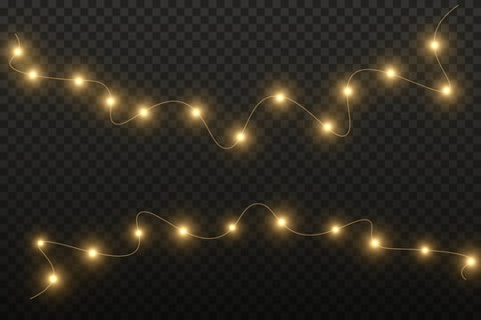 Festive Christmas light gold garlands png. Decor element for postcards, invitations, backgrounds transparent, business cards. Stock royalty free. Winter new collection 2024.