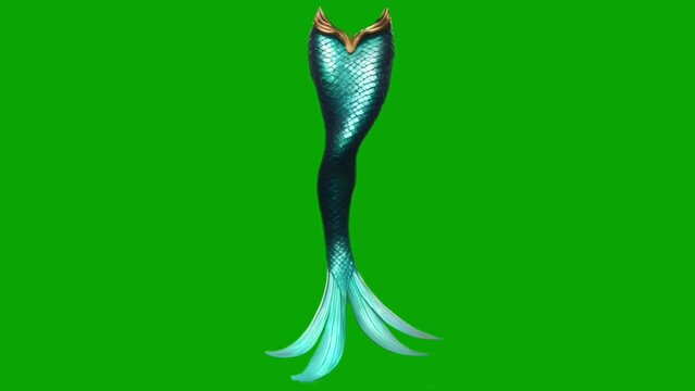 4K 3d animation mermaid tail moving on a green screen background.	