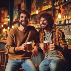 Two young men having a beer in a cozy bar