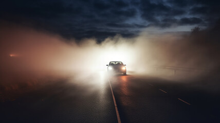 autumn fog on a wet night road in the headlights of a car, autumn dangerous driving weather, fog in the light of a car