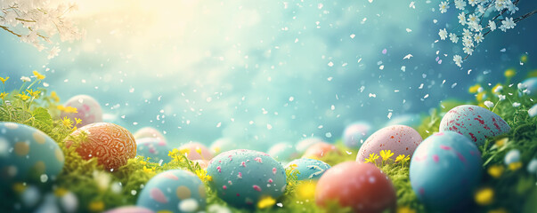 Fototapeta na wymiar Dreamy view to colourful eggs on the green grass with blooming flowers and blossoming cherry in spring. Easter concept.