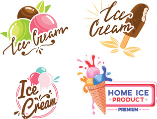 Four colorful ice cream logos with fun typography and dynamic shapes. Playful designs for ice cream brand identity. Attractive dessert branding for summer treats vector illustration.