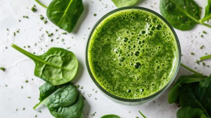Fresh green smoothie next to raw spinach leaves on a white surface, concept of detox and clean eating