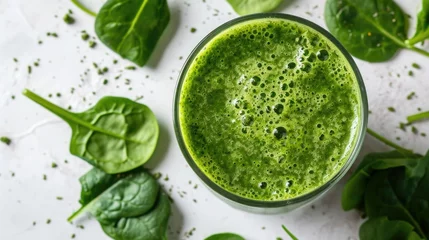 Poster Fresh green smoothie next to raw spinach leaves on a white surface, concept of detox and clean eating © Татьяна Креминская