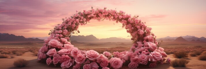 Romantic Oasis in the Desert: Rose Circle Under Pastel Sunset - Valentine's Day Concept