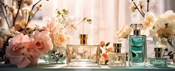 A modern and stylish arrangement showcasing a bottle of luxury perfume on a table, accompanied by luscious peaches. - obrazy, fototapety, plakaty
