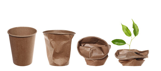 Disposable crumpled, brown paper cup for throwing away and recycling with plant that germinates...