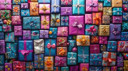 Festive Kaleidoscope of Gift Boxes: Colorful Array with Glitter and Bows - Valentine's Day Concept