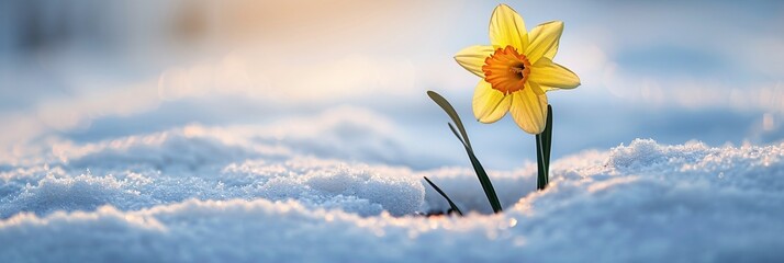 Single daffodil piercing through snow. Panoramic composition. Spring flowers beauty. Springtime blooming. Design for banner, header, invitation with copy space © dreamdes