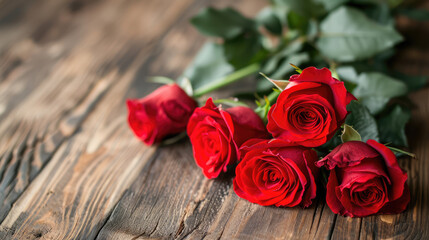 romantic red roses on wooden background, Valentine's Day Concept
