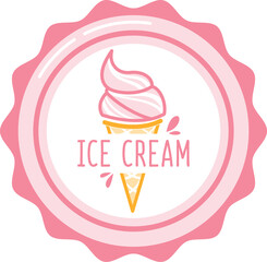 Pink ice cream cone badge design with swirl and decorative elements. Dessert and sweet treat theme vector illustration.