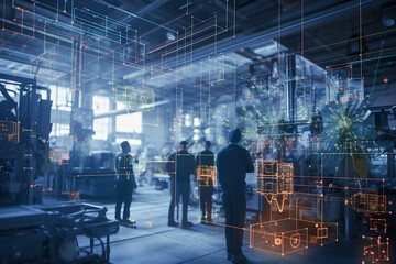 busy industrial setting with workers and complex digital interfaces, suggesting the use of advanced technology or augmented reality, ai generative