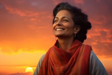 Portrait of a happy indian woman in her 50s wearing a cozy sweater against a vibrant sunset...