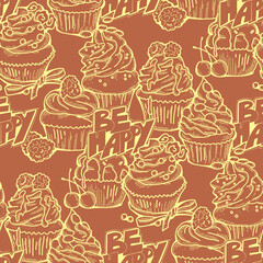 Tasty sweet cupcake dessert decorative seamless vector pattern for textile design, fabric print, digital or wrapping, wall paper, background and backdrop, bakery shop decoration, cafe, restaurant menu