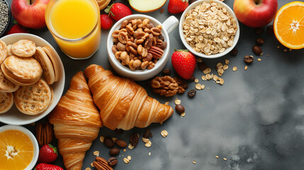 Obraz na płótnie Canvas Morning Delights, Enjoy a breakfast spread featuring coffee, tea, sweets, and fresh fruits