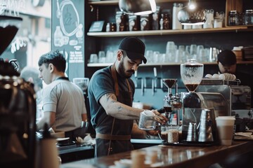 A barista in a green apron presents a freshly brewed cup of cappuccino with skillfully poured latte art on top, signifying a welcoming gesture of hospitality and expertise in coffee crafting. AI  - obrazy, fototapety, plakaty