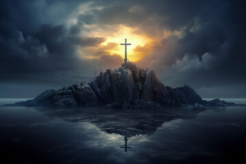 A large cross on a rocky island, surrounded by a dark, stormy sea under a dramatic sky with emerging sunlight, ai generative