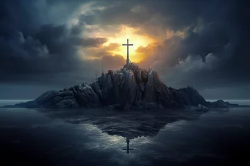 Selbstklebende Fototapeten A large cross on a rocky island, surrounded by a dark, stormy sea under a dramatic sky with emerging sunlight, ai generative © larrui