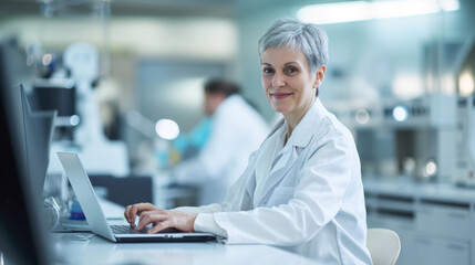 mature female scientist is working on a laptop in a laboratory