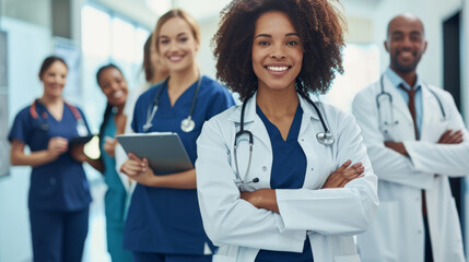 diverse group of smiling healthcare professionals, including doctors and nurses