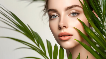 Naklejka premium Portrait of a Woman with Natural Makeup and Green Leaves