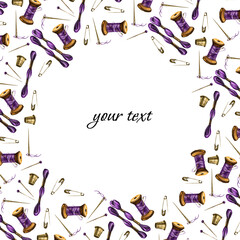 Obraz premium Postcard with Sewing Supplies. Thread and needle. Violet. Watercolor drawing isolated on white background. 