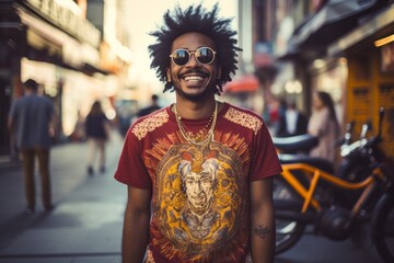 Obraz premium Portrait of a joyful afro-american man in his 20s sporting a vintage band t-shirt against a busy urban street. AI Generation