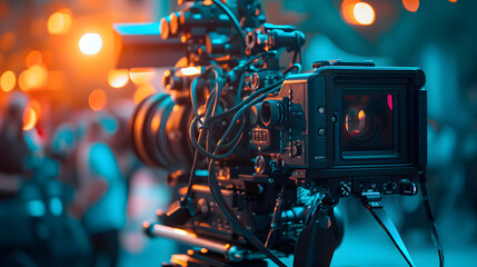 Fototapeta na wymiar Professional Film Camera on Movie Set with Defocused Lights