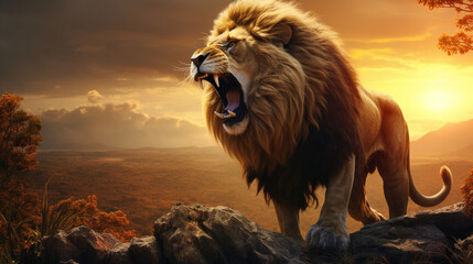 View of 3d lion with nature background