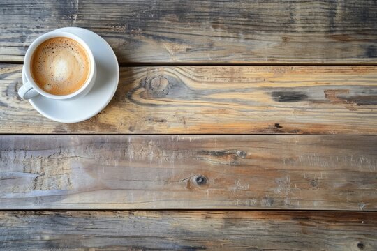 A top-down view of a cappuccino with intricate latte art on a rustic wooden table surface, offering a perfect blend of art and flavor in a traditional coffee experience. Ai generated