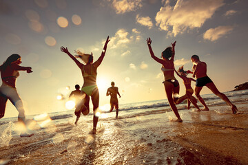 Big group of happy young friends are having fun, runs and jumps at sunset sea beach. Tropical...