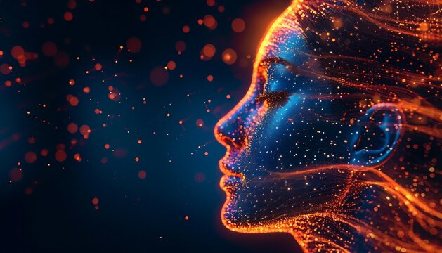 Algorithmic Aura, Explore the concept of digital identity by portraying a human face with an aura of algorithmic patterns, AI 