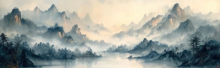 Fotobehang Chinese watercolor painting on wash paper with mountain, fog and trees © jiawei