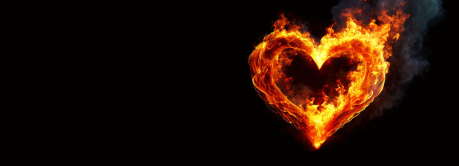 Closeup of a heart shaped fire flames isolated on black background with copy space and smoke. Generative Ai.