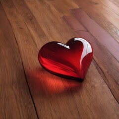 Red glass heart on wooden floor. Valentines day concept.