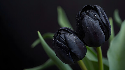 Elegant Black Tulips with Dew Drops Dark Floral Elegance